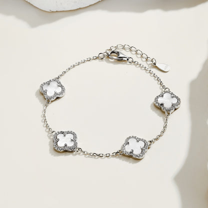 Women's Delicate Bracelet, White Shell & Round White Zirconia Inlay Clover Design, S925 with White Gold Plating