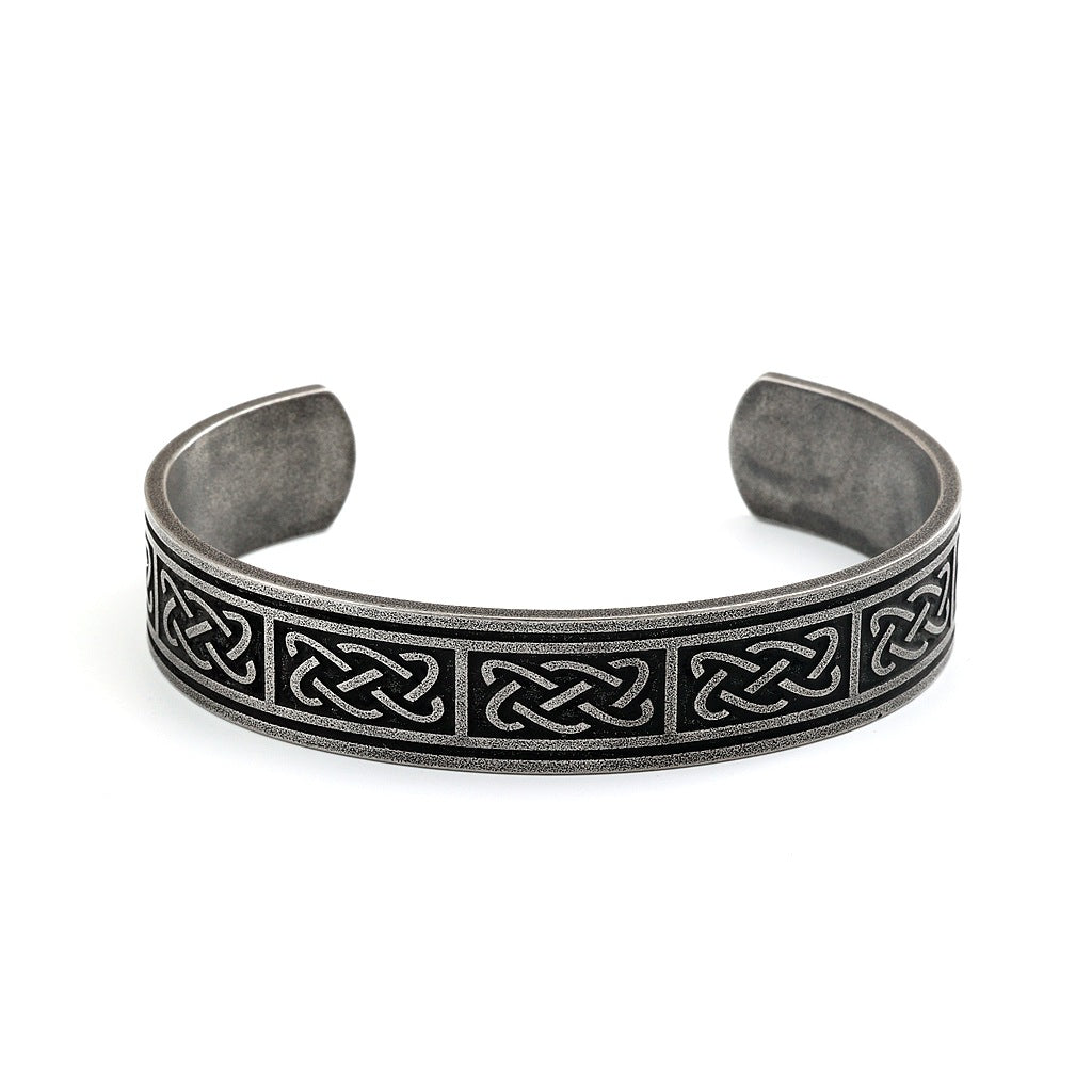 Men's Vintage Distressed Stainless Steel Cuff Bracelet, Nordic Viking Pirate Celtic Knot Open C Bangle