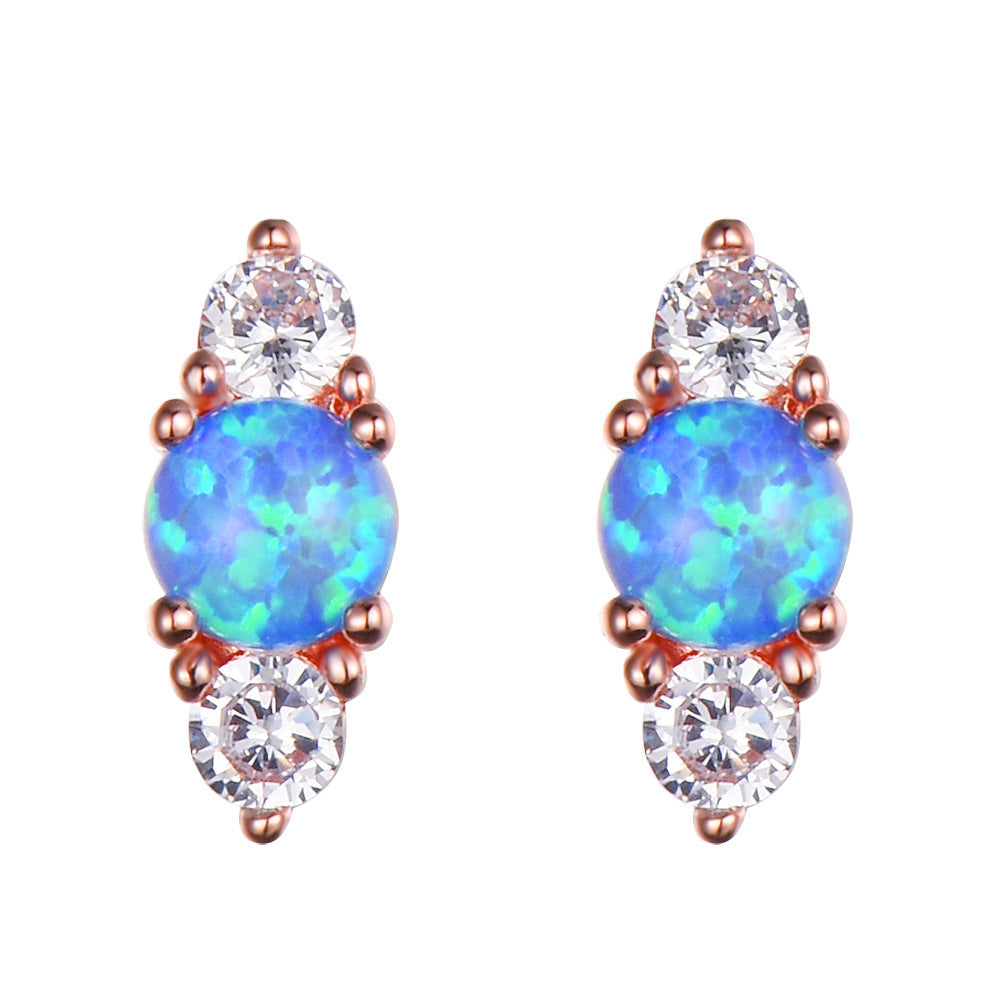 Women's Three‑Stone Stud Earrings With Round Opal & Round Zirconia, with White Gold / Rose Gold Plating