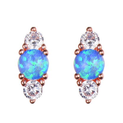 Women's Three‑Stone Stud Earrings With Round Opal & Round Zirconia, with White Gold / Rose Gold Plating