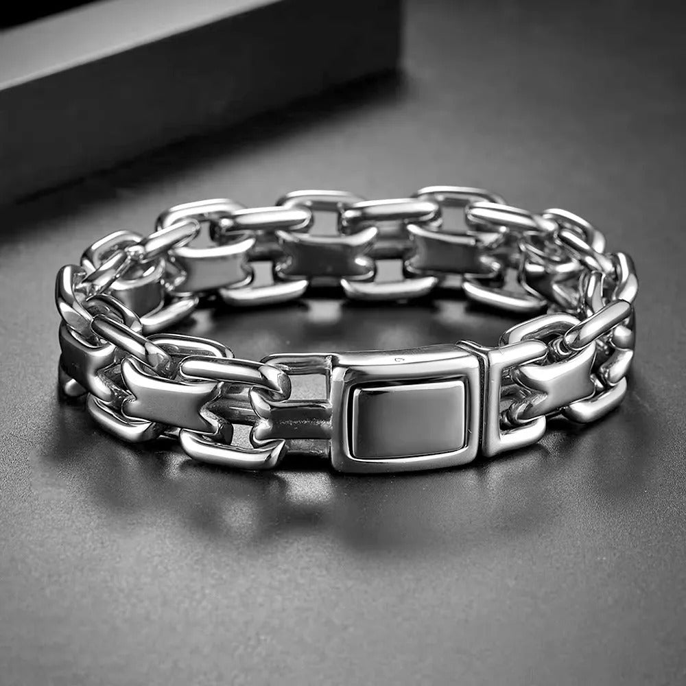 Men's Vintage Thick Double Loop Stainless Steel Open Cuff Bracelet, Punk Hip Hop Retro Fashion Adjustable Bangle Jewelry