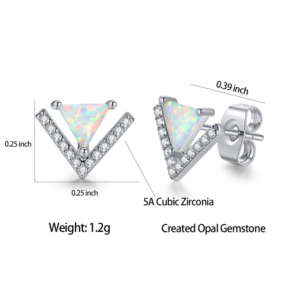 Women's V‑Shaped Triangle Opal Stud Earrings With Zirconia Inlay, White Gold Plating / Rose Gold Plating