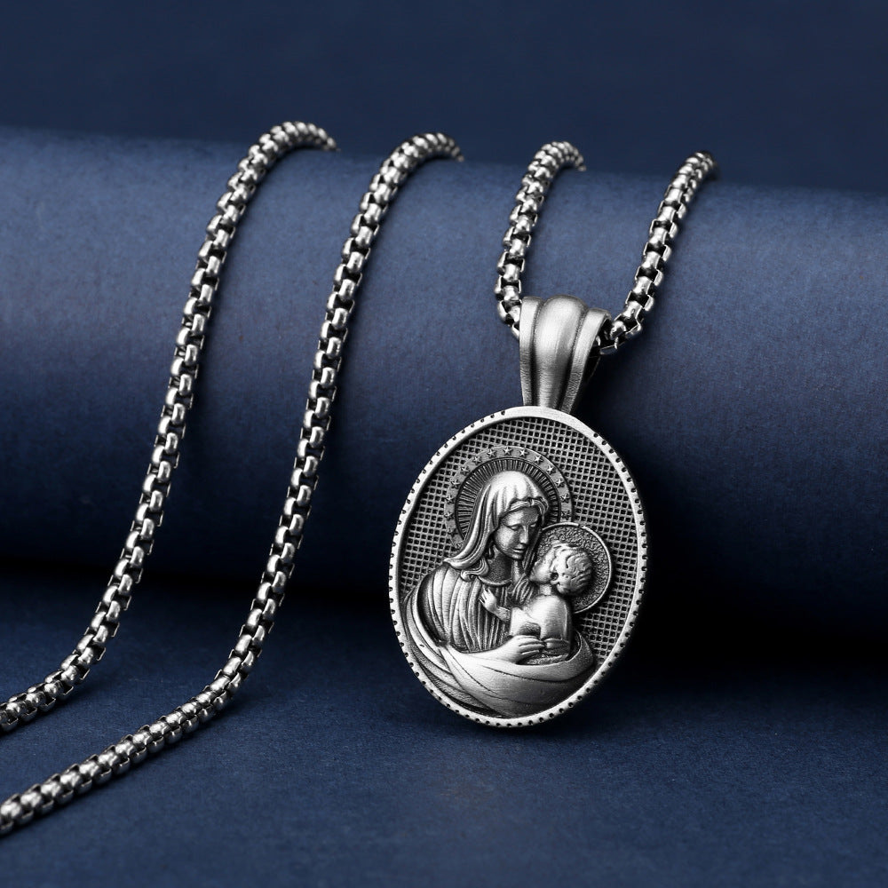 Men's Steel Virgin Mary Oval Pendant Necklace