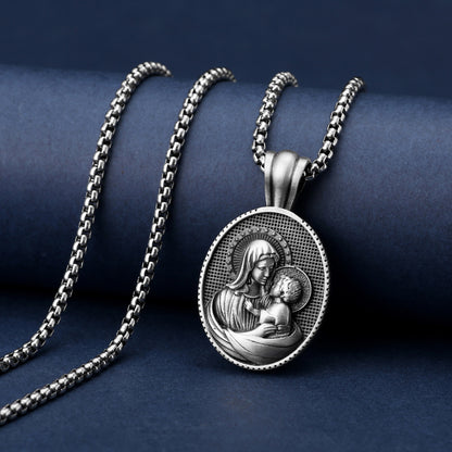 Men's Steel Virgin Mary Oval Pendant Necklace