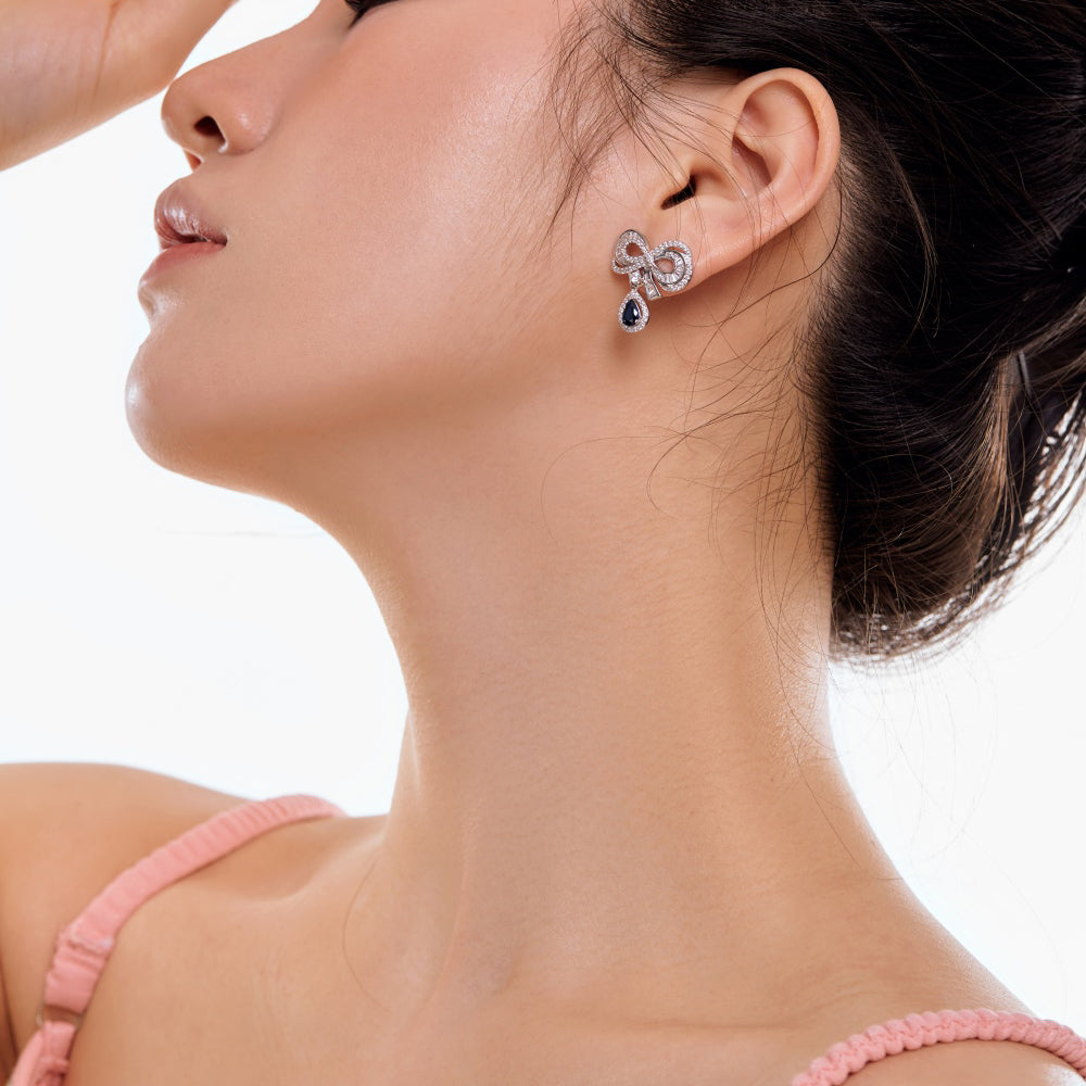 Women's Bow Drop Earrings, Blue Teardrop Stone with White Zirconia Halo, S925 with White Gold Plating