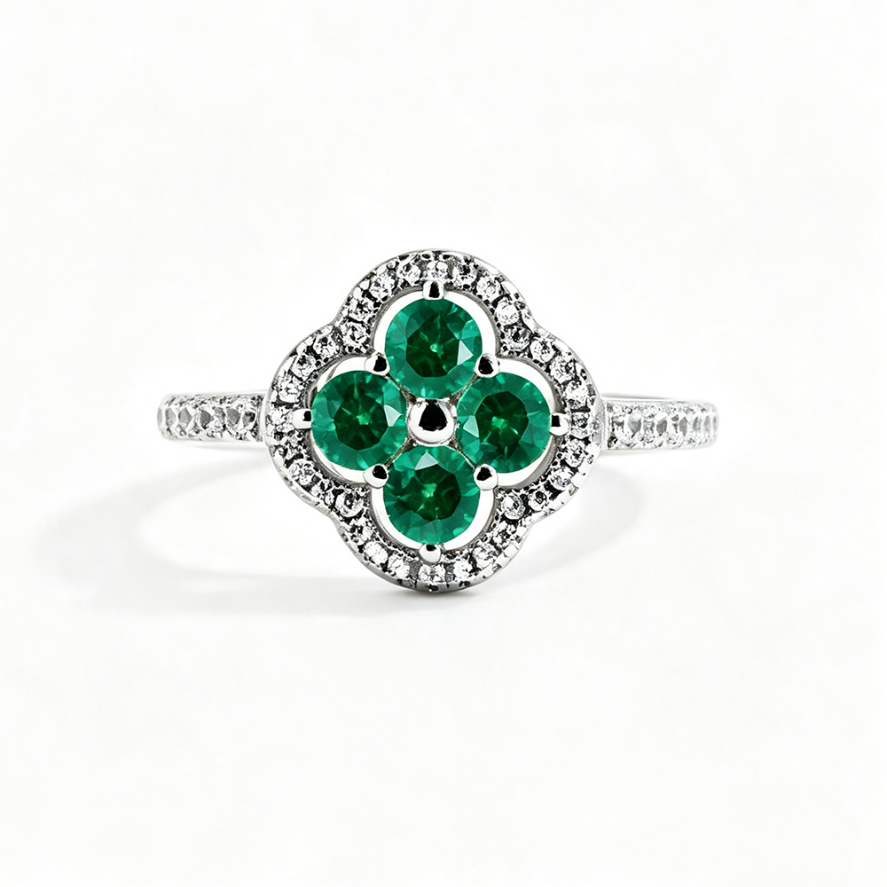 Women's S925 Silver White Gold Tone Ring, Four-Leaf Clover Shape Green Cubic Zirconia Halo Ladies Fashion Ring