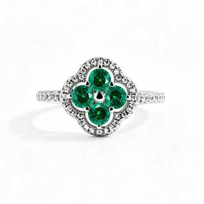 Women's S925 Silver White Gold Tone Ring, Four-Leaf Clover Shape Green Cubic Zirconia Halo Ladies Fashion Ring