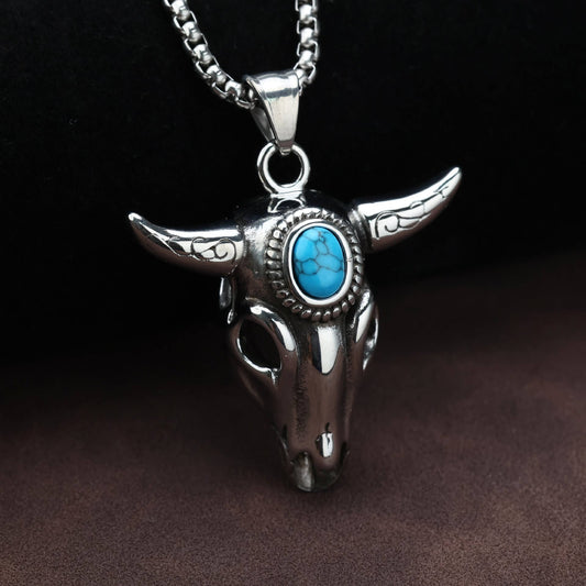 Vintage Stainless Steel green Head Pendant Necklace for Men with Inlaid Blue Stone