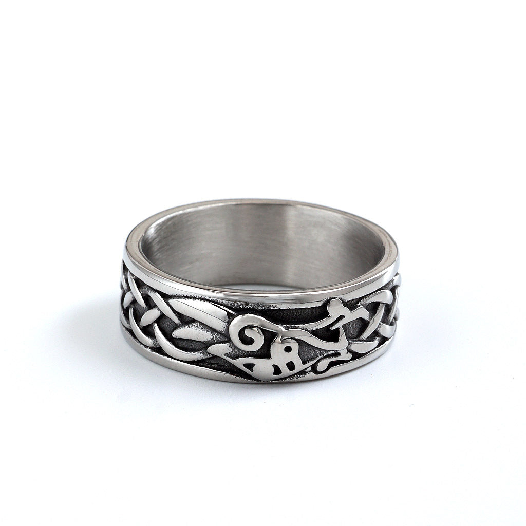 Vintage Stainless Steel Norse Viking Raven Slim Narrow Band Ring for Men