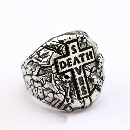 Vintage Antique Solid Stainless Steel 3D Carved Rock Crack Skull Death Cross Signet Ring for Men