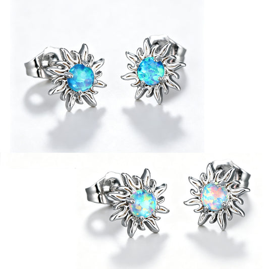 Women's Sunflower Round Opal Stud Earrings, Blue / White Opal Option, with White Gold Plating