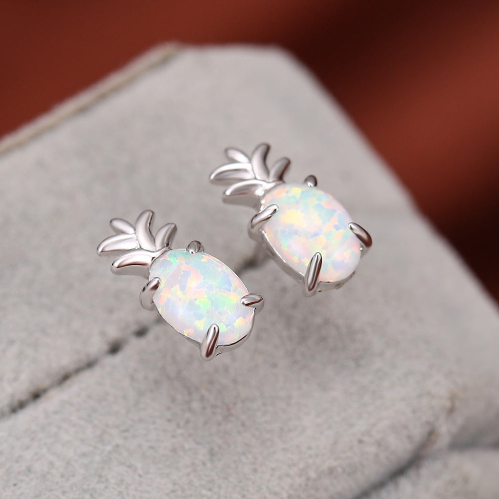 Women's Pineapple‑Shape Stud Earrings, White Opal / Blue Opal