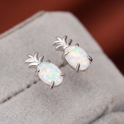 Women's Pineapple‑Shape Stud Earrings, White Opal / Blue Opal