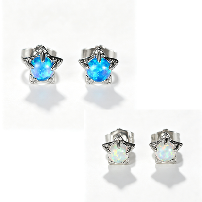 Women's Star‑Shape Prong Set Stud Earrings, Blue Opal / White Opal Inlay, White Gold Plating