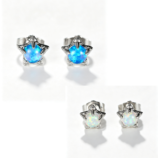 Women's Star‑Shape Prong Set Stud Earrings, Blue Opal / White Opal Inlay, White Gold Plating