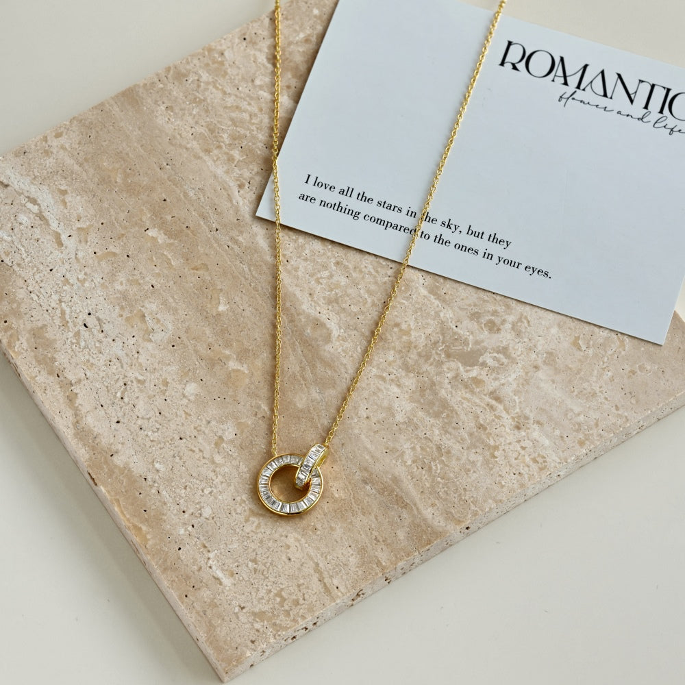 Women's Interlocking Rings Pendant Necklace, Baguette Zirconia Paved Inlay, S925 with 18K Gold Plating