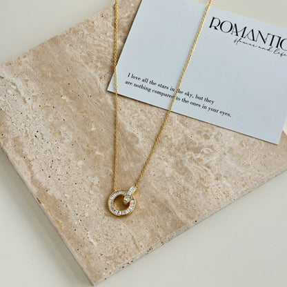 Women's Interlocking Rings Pendant Necklace, Baguette Zirconia Paved Inlay, S925 with 18K Gold Plating