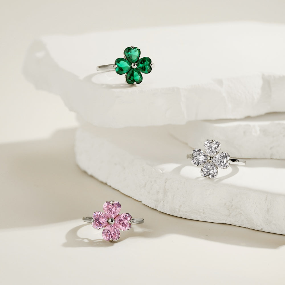 Women's Pink Heart Shape Zirconia Inlaid Clover Simple Ladies Ring, S925 with White Gold Plating Fashion Jewelry Ring