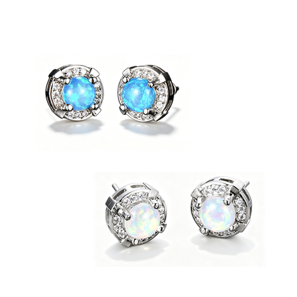 Women's Round Four‑Prong Halo Blue & White Opal Stud Earrings,with White Gold Plating