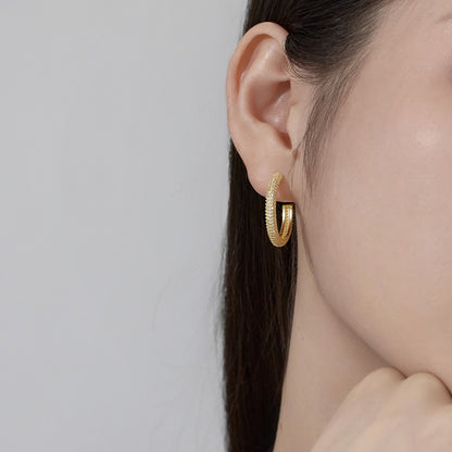 Women's Delicate 20 mm Round Huggie Earrings, Full Paved Round Zirconia, S925 with 18K Gold Plating
