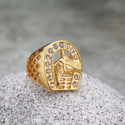 Gold Plated Stainless Steel Iced Out Hollow Cast Horse Head Hip Hop Ring for Men