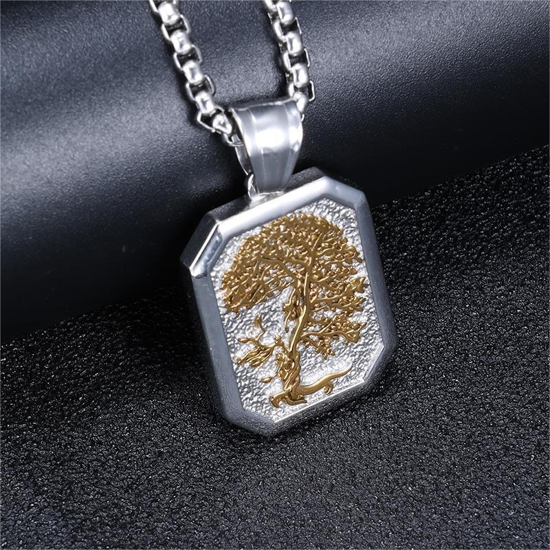 Men's Steel Two Tone Tree of Life Square Tag Pendant Necklace