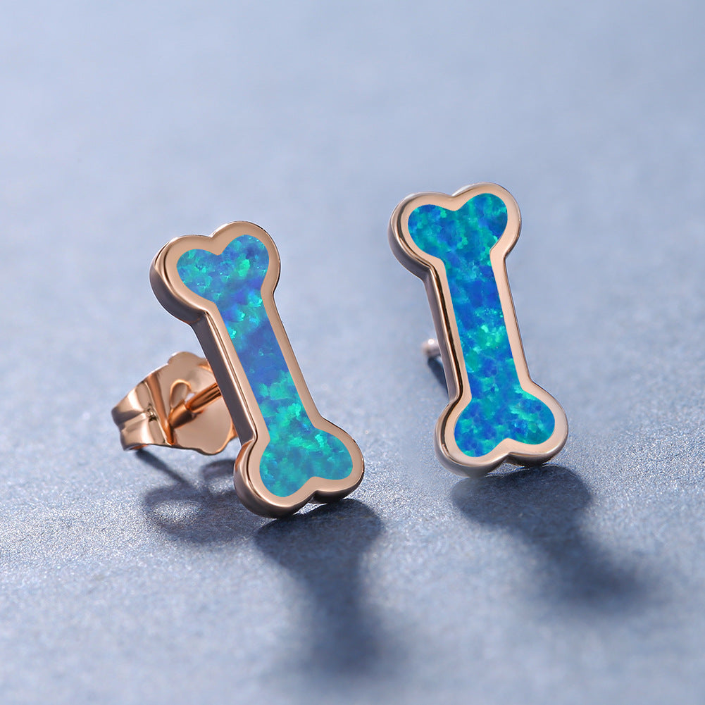 Women's Bone‑Shape Stud Earrings, Blue Opal / White Opal Inlay, Rose Gold Plating / White Gold Plating