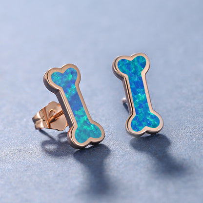 Women's Bone‑Shape Stud Earrings, Blue Opal / White Opal Inlay, Rose Gold Plating / White Gold Plating