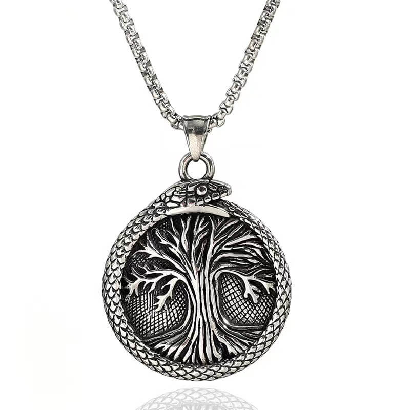 Men's Steel Vintage Ouroboros Tree of Life Round Pendant Necklace