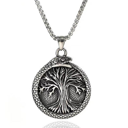 Men's Steel Vintage Ouroboros Tree of Life Round Pendant Necklace
