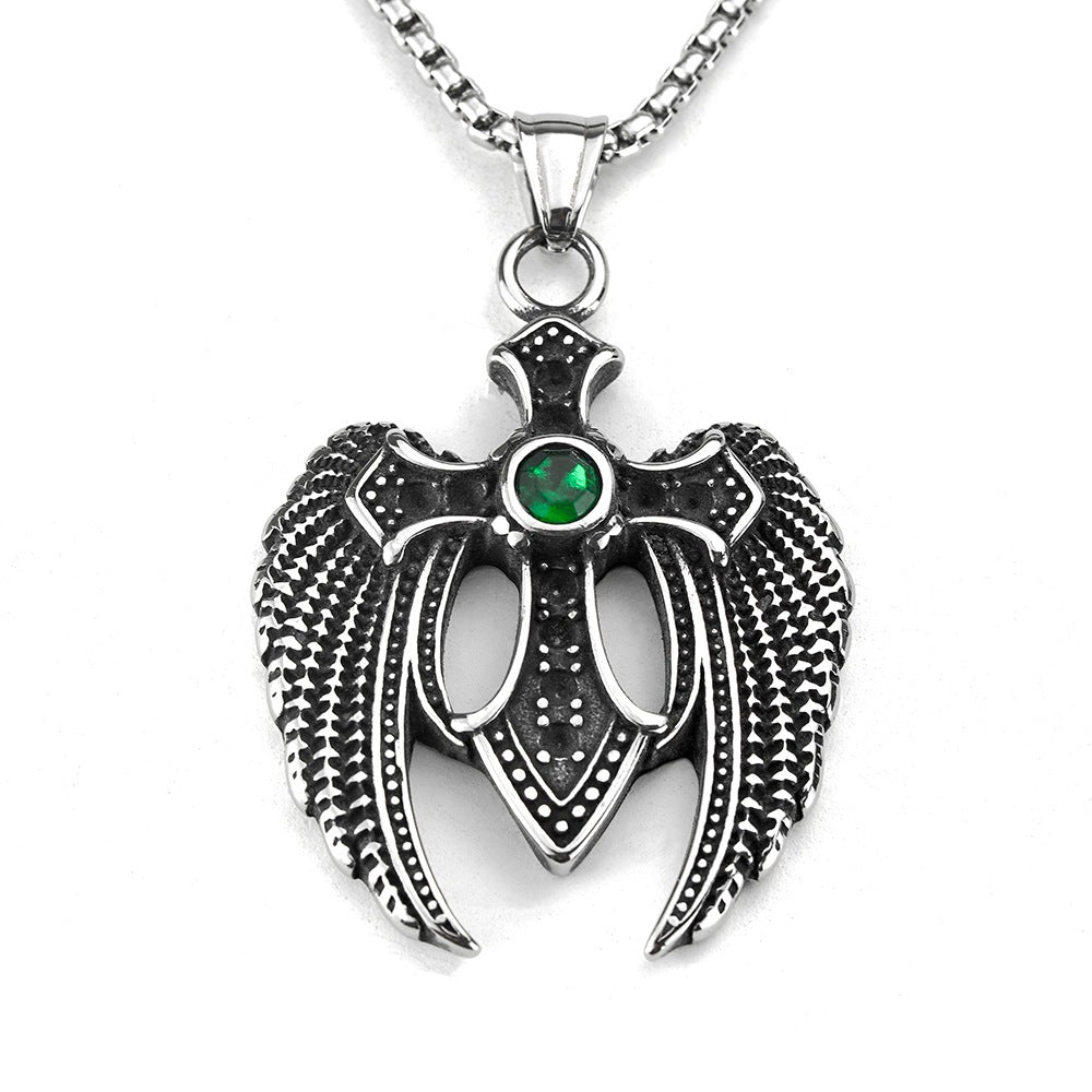Men's Steel Winged Cross With Green Zirconia Pendant Necklace