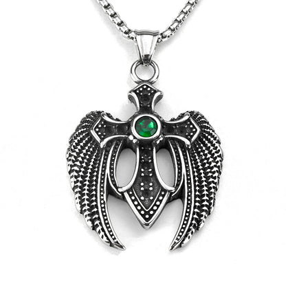 Men's Steel Winged Cross With Green Zirconia Pendant Necklace