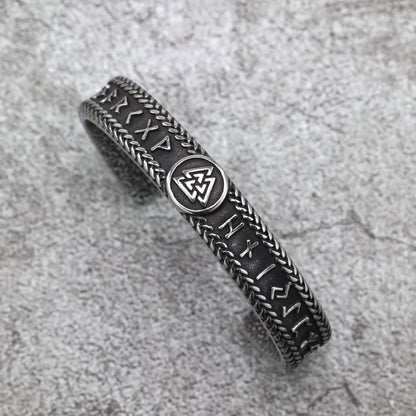 Vintage Viking Symbols Solid Stainless Steel Open C Bracelet for Men, European Retro Cuff Bangle