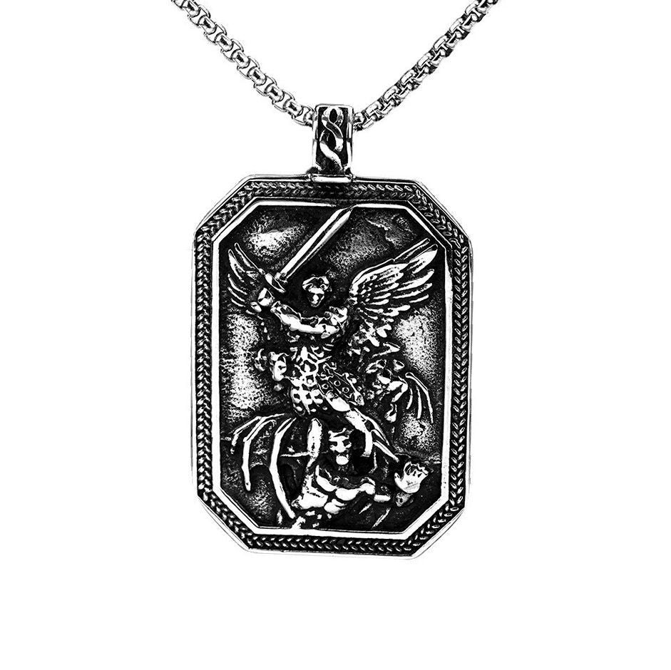 Men's Steel Archangel Michael Square Tag Pendant Necklace
