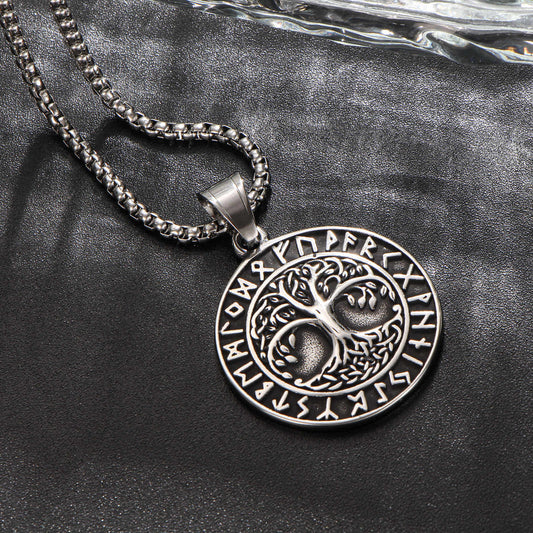 Vintage Stainless Steel Viking Tree of Life Rune Pendant Necklace for Men