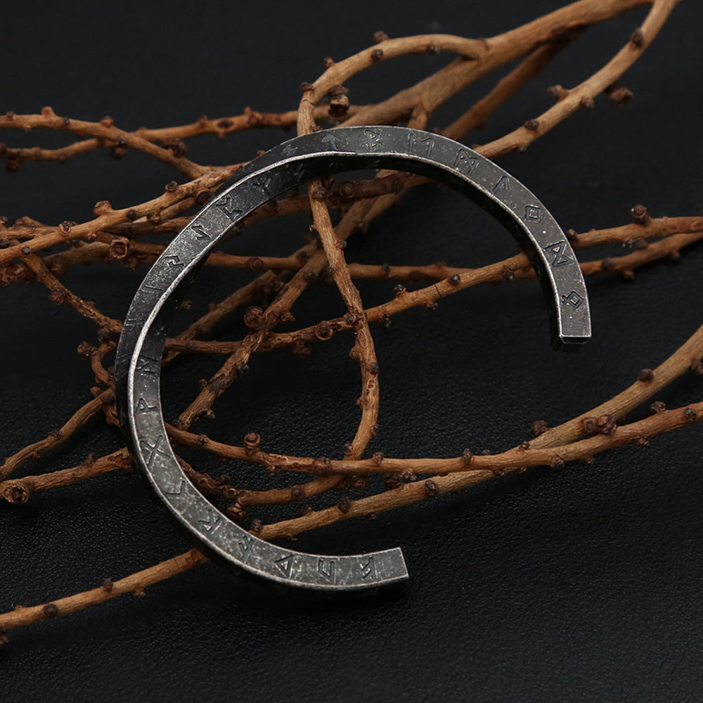 Men's Vintage Viking Letter Stainless Steel Open Cuff Bracelet, Personalized Versatile Titanium Steel Bangle