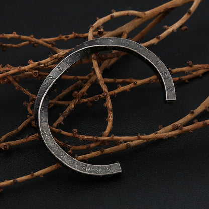 Men's Vintage Viking Letter Stainless Steel Open Cuff Bracelet, Personalized Versatile Titanium Steel Bangle
