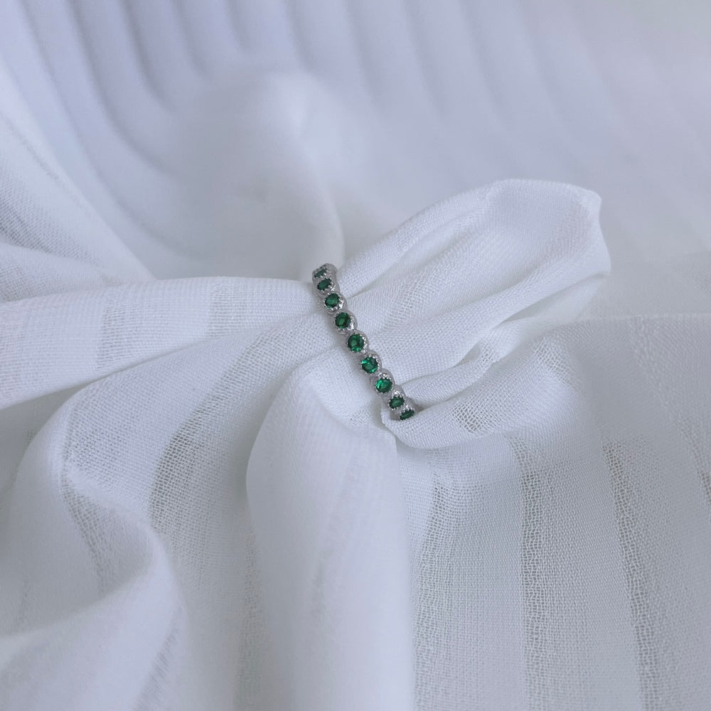 Women's Bezel Set Green Zirconia Row Stone Ring, S925 with White Gold Plating