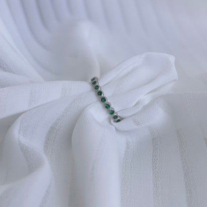 Women's Bezel Set Green Zirconia Row Stone Ring, S925 with White Gold Plating
