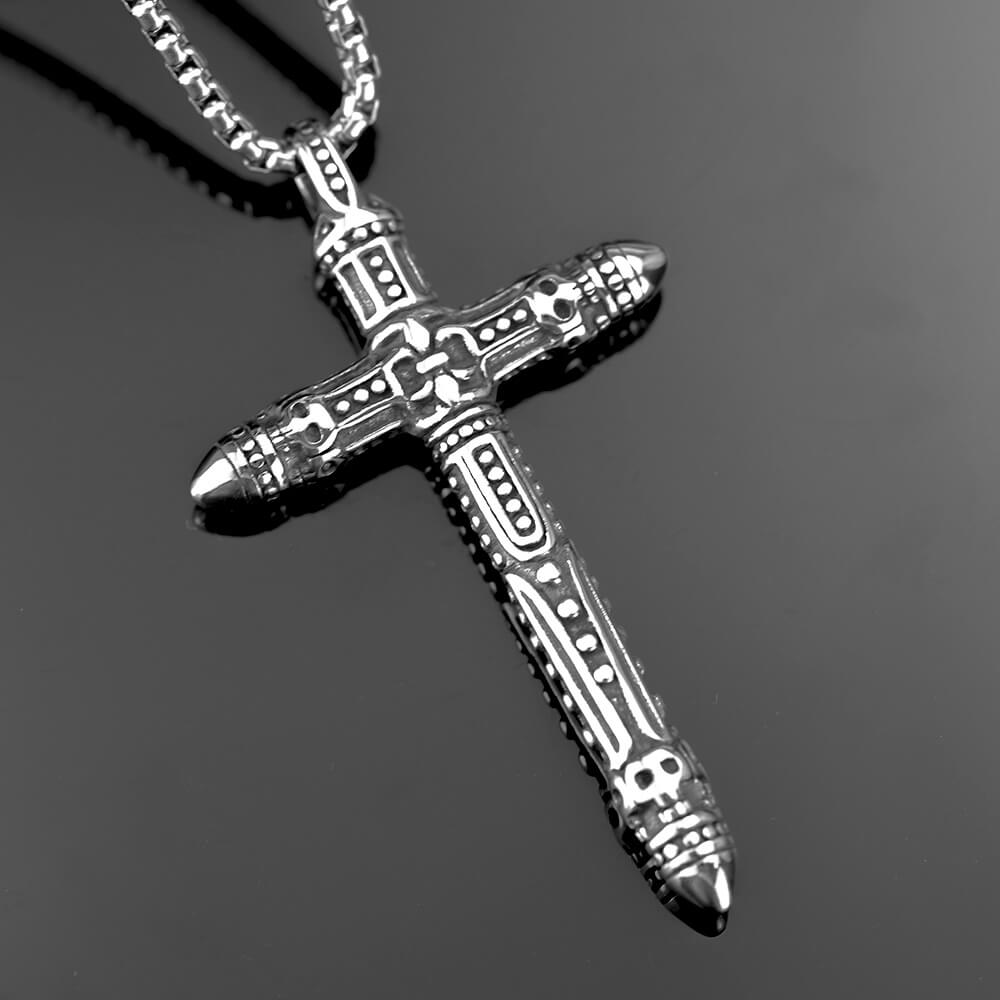 Vintage Stainless Steel Gothic Punk Engraved Pattern Cross Pendant Necklace for Men