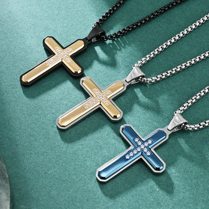 Men's Hexagonal Faceted Gem-Set Two-Tone Cross Pendant Necklace