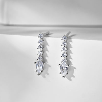 Women's Linear Drop Earrings, Pear‑Shape Center Stone Accompanied by Paved Round Zirconia, S925 with White Gold Plating