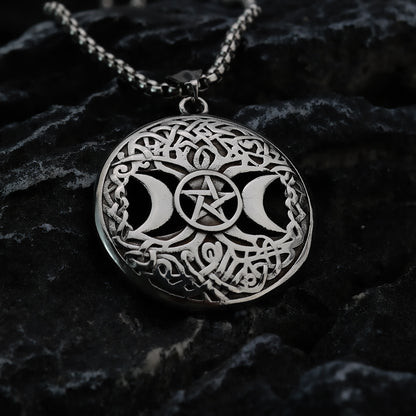 Men's Steel Triple Moon Tree of Life Pentagram Round Tag Pendant Necklace