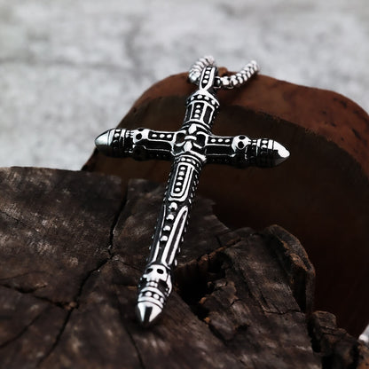 Vintage Stainless Steel Gothic Punk Engraved Pattern Cross Pendant Necklace for Men