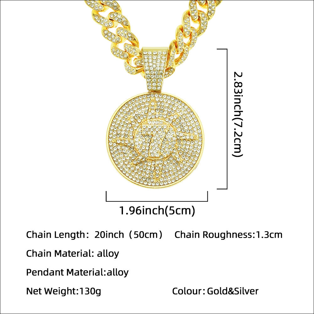 Hip-Hop 3D Zircon-Encrusted Number 7 Round Tag Cuban Chain Pendant Necklace
