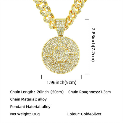 Hip-Hop 3D Zircon-Encrusted Number 7 Round Tag Cuban Chain Pendant Necklace