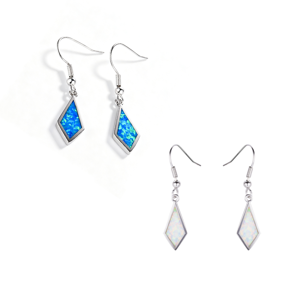 Women's Rhombus Shape Hook Dangle Earrings, Blue Opal Inlay, White Gold Plating