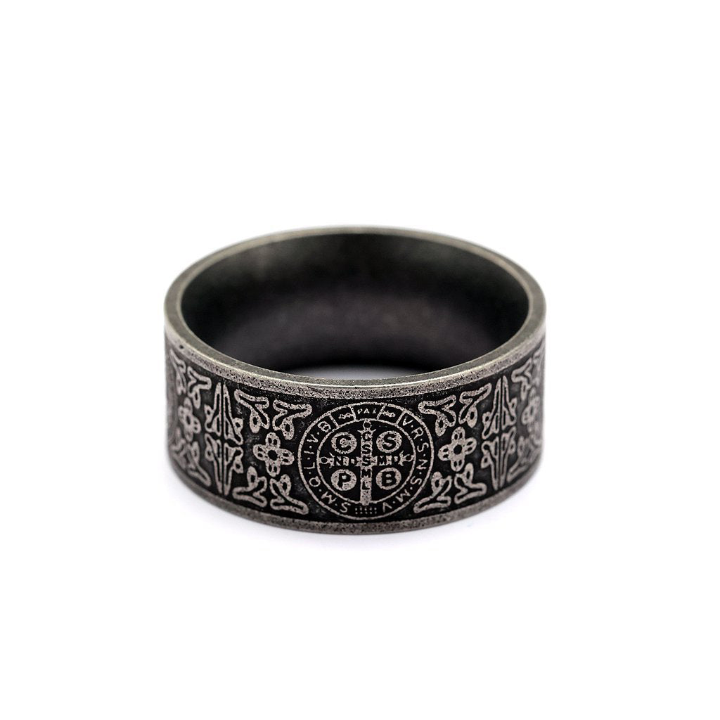 Vintage Solid Stainless Steel Dark Circle Saint Benedict Cross Ring for Men
