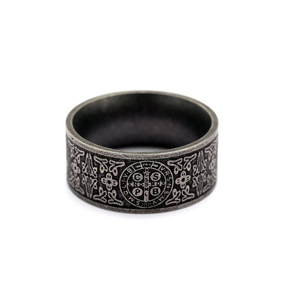 Vintage Solid Stainless Steel Dark Circle Saint Benedict Cross Ring for Men