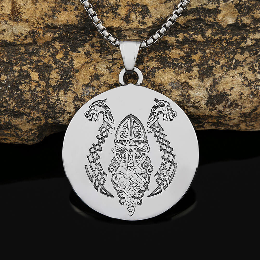 Mens Steel Vintage Viking Ship Double Sided Round Pendant Necklace